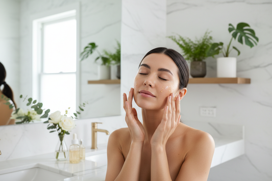 Femme à la peau lumineuse appliquant une huile visage naturelle entourée de fleurs et plantes vertes — soins naturels clean beauty